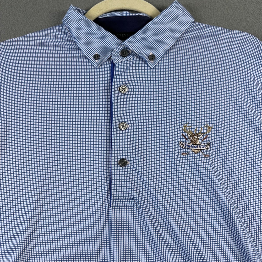 Greyson Mens Golf Polo Shirt Blue White Micro Check The Golf Club Logo Large